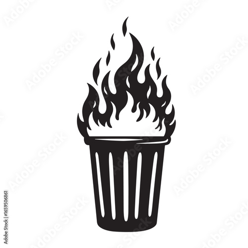 Burning trash bin illustration isolated against white background for conceptual waste management