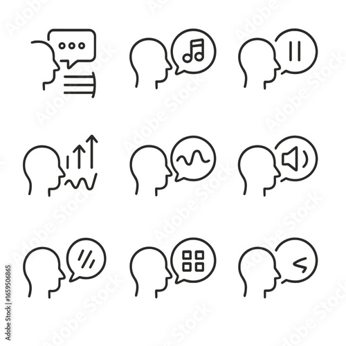 Rhythm in Speech Icons. Outline icon set of rhythm in speech: pacing, tempo, tone, pause, pitch, cadence, emphasis, syllable