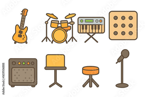 Children's Rehearsal Space. Flat vector mini-illustrations Rehearsal space with instruments in colors children
