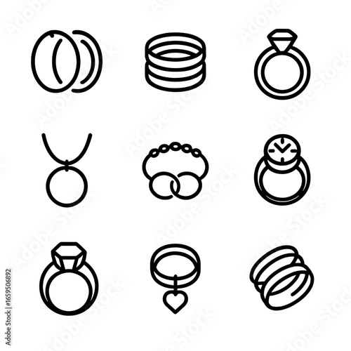 Ring Fashion Icons. Outline icon set of ring in fashion: hoop earrings, stackable rings, finger ring, ring necklace, bracelet with