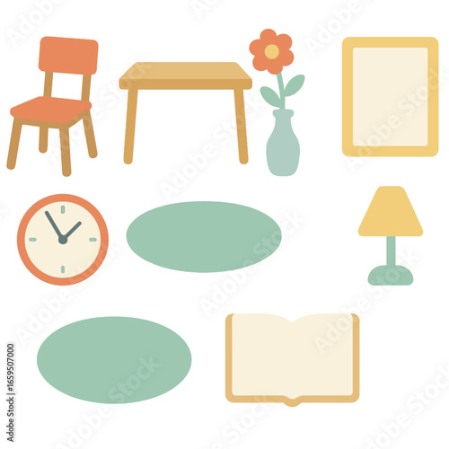 Children's Room Essentials. Flat vector mini-illustrations minimalist design in colors children's