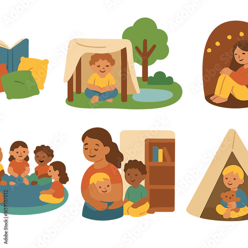 Children's Safe Spaces. Flat vector mini-illustrations safe spaces in colors children's illustrations: reading