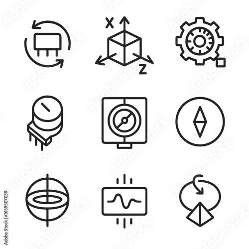 Rotation Sensors Icon Set. Outline icon set of rotation sensors and measurement: angular velocity sensor, accelerometer, optical