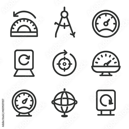 Rotation Tools Icons. Outline icon set of rotation measurement tools: protractor, compass rotation, rotation gauge, angle meter,