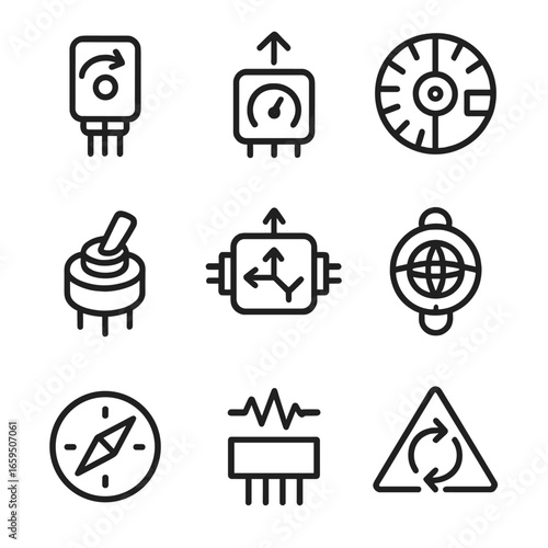 Rotation Sensors Icon Set. Outline icon set of rotation sensors and measurement: angular velocity sensor, accelerometer, optical