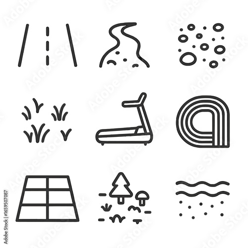 Running Surface Icons. Outline icon set of running surfaces: asphalt, dirt trail, gravel path, grass field, treadmill belt,