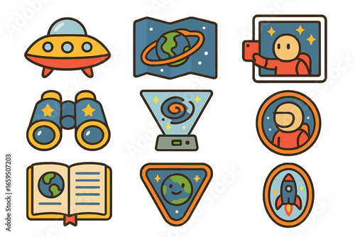 Children's Space Adventure Icons. Flat vector mini-illustrations Galaxy sightseeing icons in colors children's