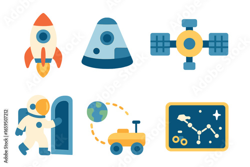 Children's Space Adventures. Flat vector mini-illustrations space travel transport in colors children's