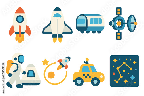 Children's Space Adventures. Flat vector mini-illustrations space travel transport in colors children's