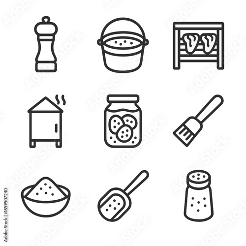 Salty Food Tools Icons. Outline icon set of salty food preparation tools: salt grinder, brine bucket, curing rack, smoker,