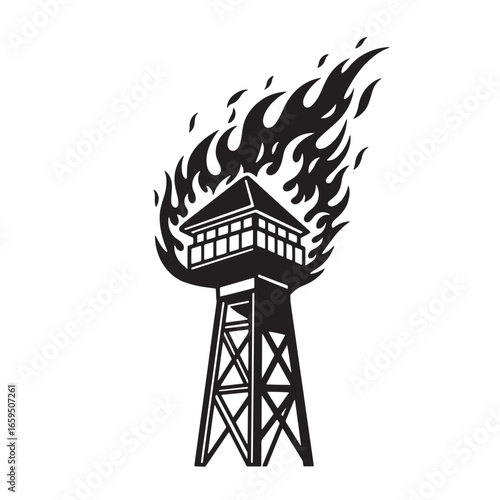 Burning watchtower black and white illustration depicting fire and destructive catastrophe