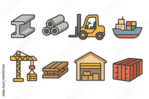 Children's Steel Icons. Flat vector mini-illustrations Steel and metal supply in colors children's