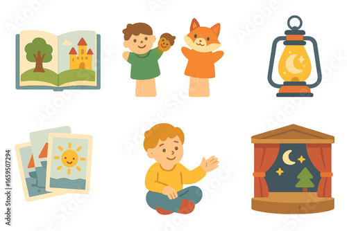 Children's Story Icons. Flat vector mini-illustrations Storytelling with visual aids in colors children's