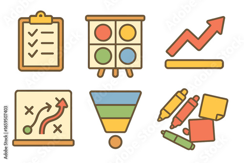 Children's Strategy Tools. Flat vector mini-illustrations marketing strategy tools in colors children's