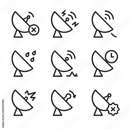 Satellite Signal Icons. Outline icon set of satellite dish signal issues: signal loss, interference, weak signal, rain fade,