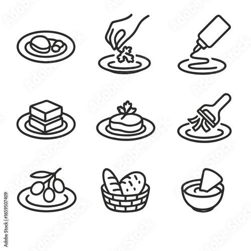 Savory Food Icons. Outline icon set of savory food presentation: plating, garnish, sauce drizzle, food stacking, herb topping,