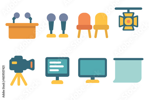 Children's Studio Icons. Flat vector mini-illustrations interview studio design in colors children's