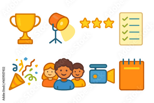 Children's Success Icons. Flat vector mini-illustrations success highlights in colors children's illustrations