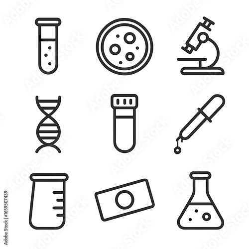 Scientific Icon Set. Outline icon set of scientific samples: test tube, petri dish, microscope, DNA strand, sample vial, pipette,