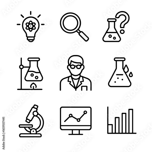 Science Icon Collection. Outline icon set of buzz in science: discovery, research, hypothesis, theory, lab, scientist, experiment,