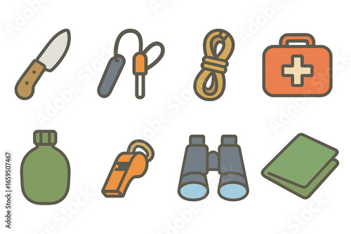 Children's Survival Gear Icons. Flat vector mini-illustrations Wilderness survival gear in colors children's