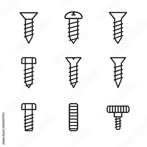 Screw Icon Set. Outline icon set of screw types: wood screw, machine screw, self-tapping screw, lag screw, sheet metal screw,