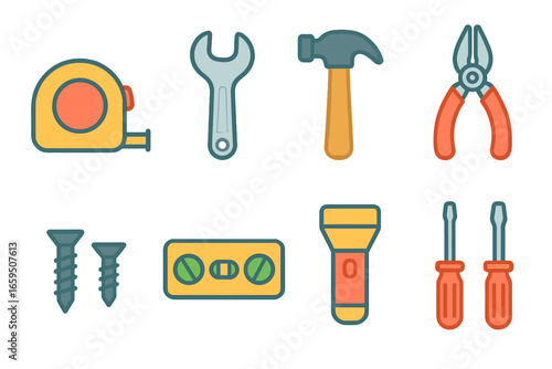 Children's Tool Icons. Flat vector mini-illustrations Toolbox must-haves in colors children's illustrations: