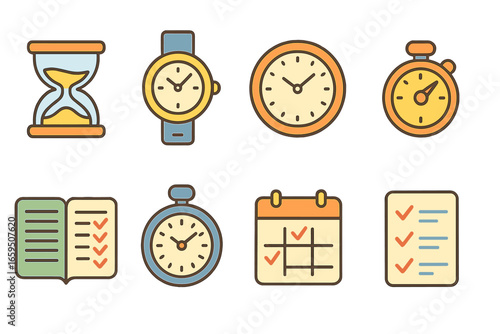Children's Time Management Tools. Flat vector mini-illustrations Time management tools in colors children's