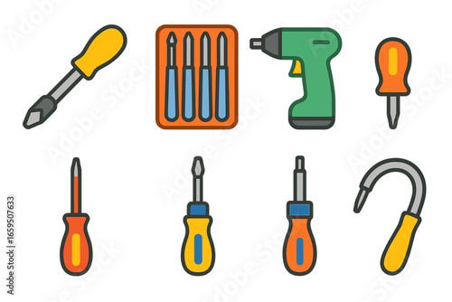 Children's Tool Icons. Flat vector mini-illustrations tools with specialized grips in colors children's