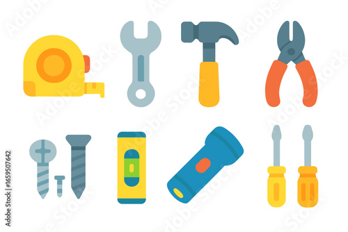Children's Tool Icons. Flat vector mini-illustrations Toolbox must-haves in colors children's illustrations: