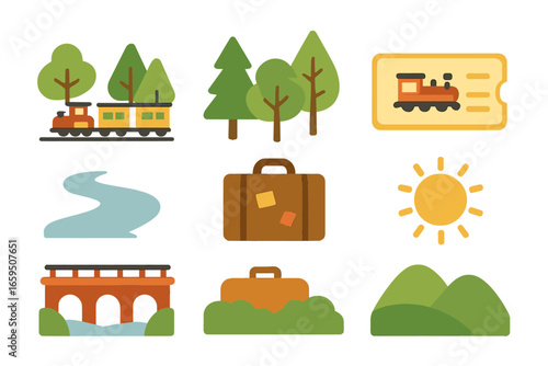 Children's Train Adventure. Flat vector mini-illustrations train journeys through nature in colors children's