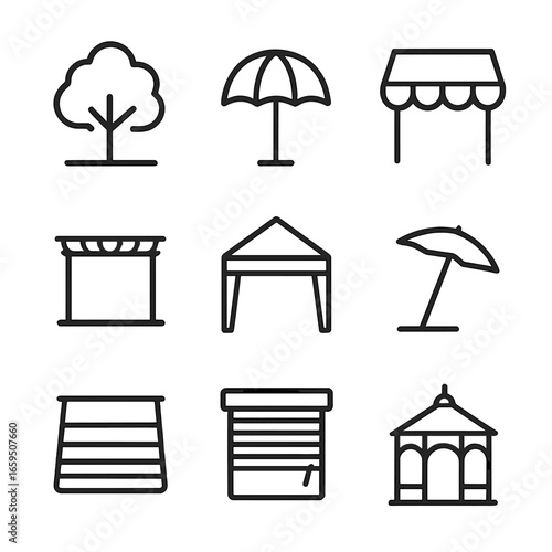Shade Icon Set. Outline icon set of shade types: tree shade, umbrella, awning, pergola, canopy, sunshade, shade cloth, window