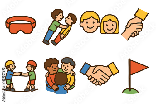Children's Trust Activities. Flat vector mini-illustrations Trust-building exercises in colors children's