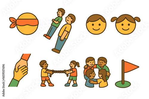 Children's Trust Activities. Flat vector mini-illustrations Trust-building exercises in colors children's