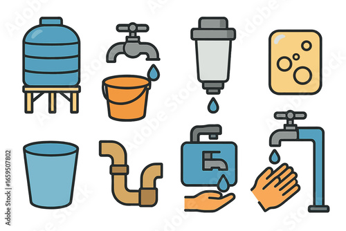 Children's Water Station. Flat vector mini-illustrations Clean water station in colors children's