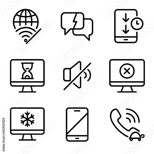 Signal Loss Icons. Outline icon set of signal loss impact: no connection, interrupted communication, delayed data transfer, video