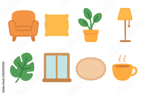 Children's Wellness Icons. Flat vector mini-illustrations mental wellness spaces in colors children's