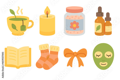 Children's Wellness Icons. Flat vector mini-illustrations wellness care package in colors children's