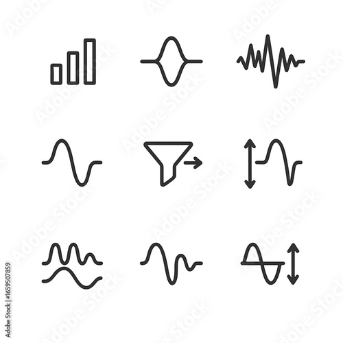 Signal Processing Icons. Outline icon set of amplitude in signal processing: signal strength, peak value, noise, distortion,