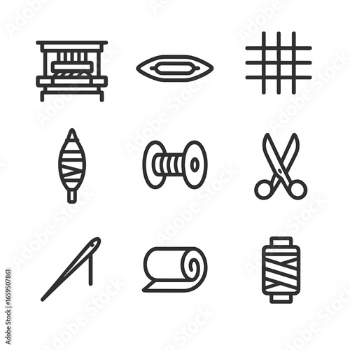 Silk Weaving Tools Icons. Outline icon set of silk weaving tools: loom, shuttle, weaving pattern, spindle, bobbin, scissors,