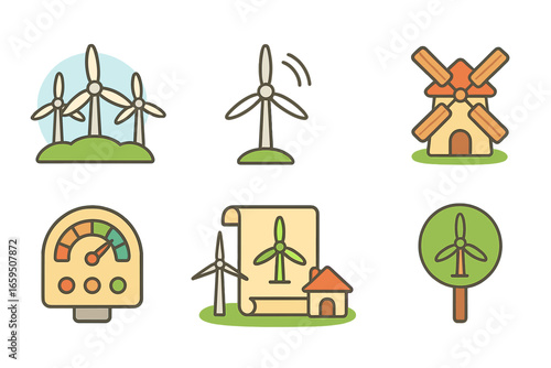 Children's Wind Power Icons. Flat vector mini-illustrations Wind power initiatives in colors children's