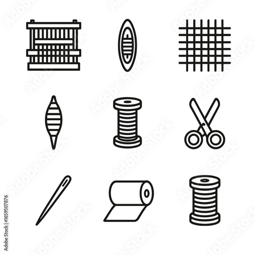 Silk Weaving Tools Icons. Outline icon set of silk weaving tools: loom, shuttle, weaving pattern, spindle, bobbin, scissors,