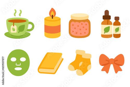 Children's Wellness Icons. Flat vector mini-illustrations wellness care package in colors children's