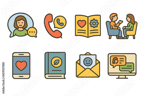 Children's Wellness Icons. Flat vector mini-illustrations mental wellness resources in colors children's