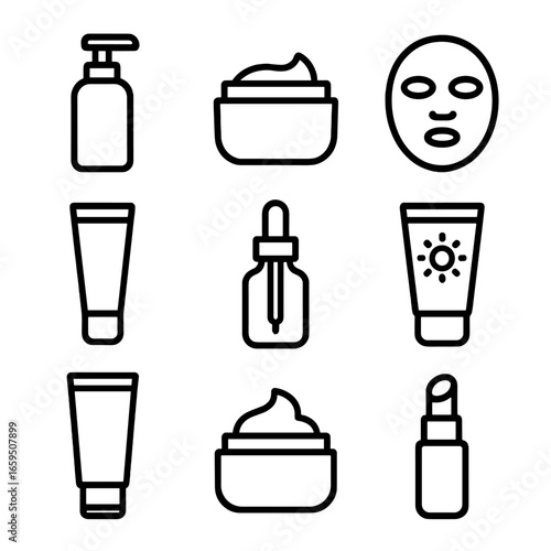 Skincare Icon Set. Outline icon set of creamy skincare and cosmetics: lotion bottle, cream jar, face mask, moisturizer tube, serum