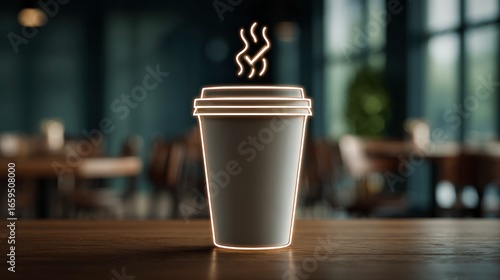 Glowing Holographic Coffee Cup with Rising Steam on Wooden Table