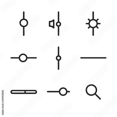 Slide Control Icons. Outline icon set of slide controls: slider knob, volume slider, brightness slider, timeline slider,