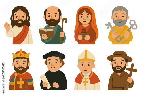 Christianity Key Figures. Flat vector mini-illustrations key figures Christianity in colors children's