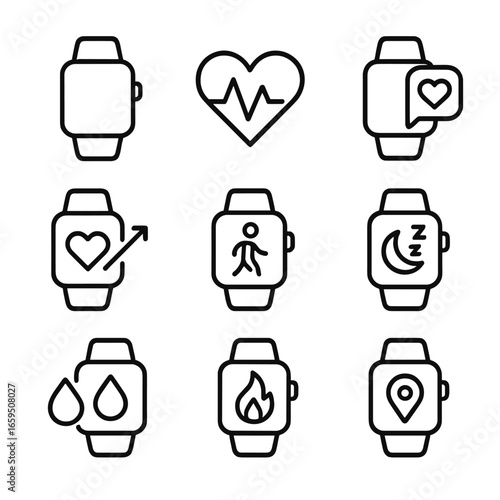 Smartwatch Icon Set. Outline icon set of smartwatch and heartbeat tracking: smartwatch, heart rate graph, notification, fitness