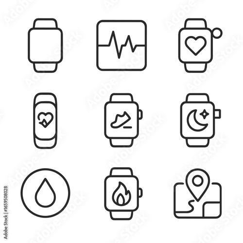 Smartwatch Icon Set. Outline icon set of smartwatch and heartbeat tracking: smartwatch, heart rate graph, notification, fitness